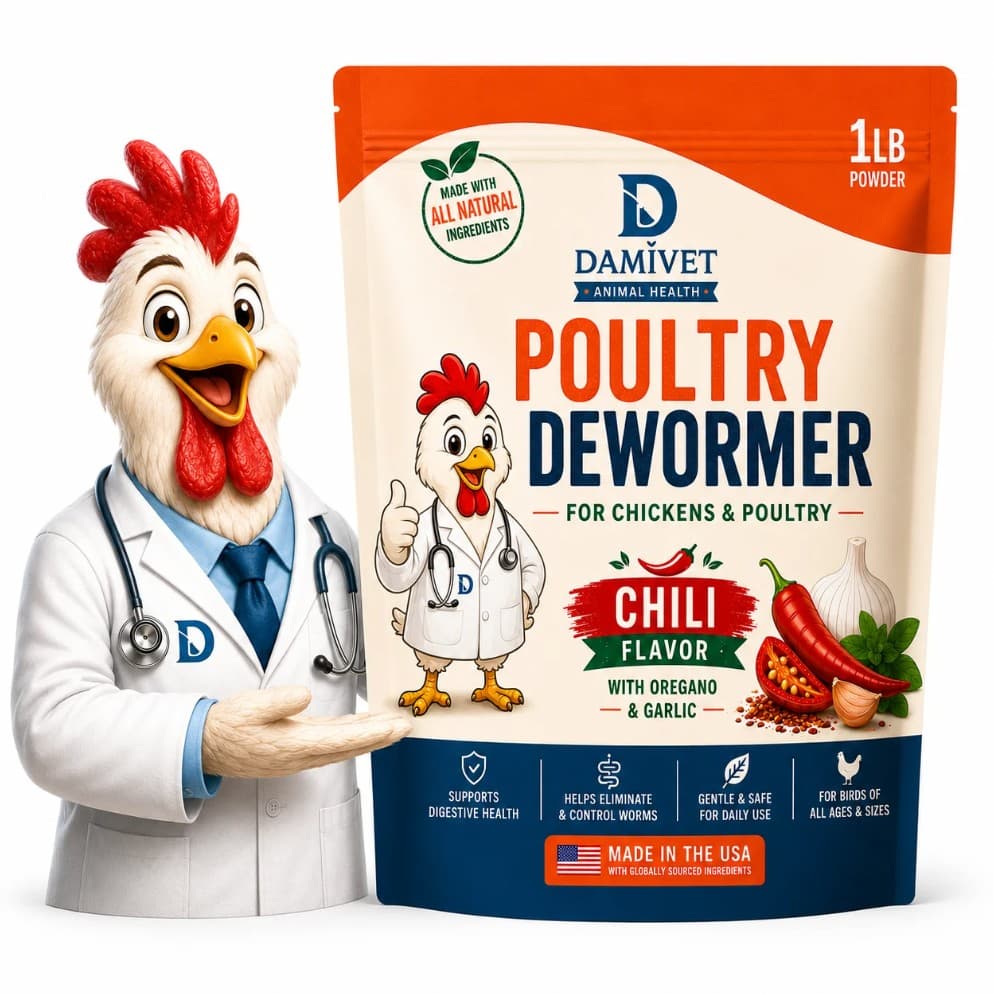 DAMIVET Poultry Dewormer 1lb powder bag with Doctor Rooster mascot